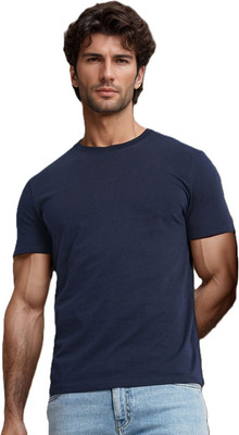 BlueFicus Solid Men Round Neck Navy Blue T-Shirt