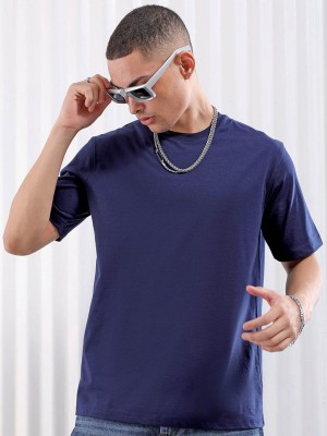 The Indian Garage Co. Solid Men Crew Neck Dark Blue T-Shirt