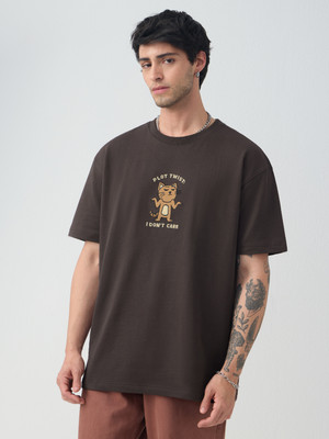 The Souled Store Embroidered Men Round Neck Brown T-Shirt