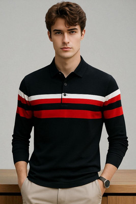 FASHIUM Striped Men Polo Neck Black T-Shirt