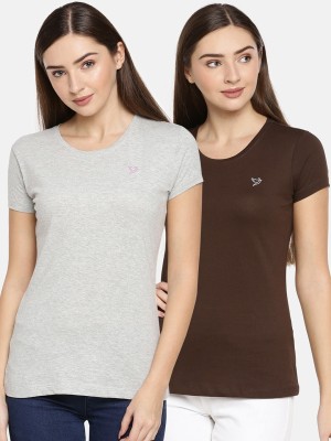 TWIN BIRDS Solid Women Round Neck Grey, Brown T-Shirt