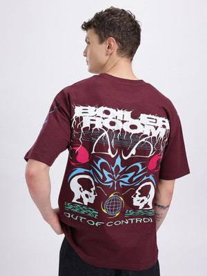 Glitchez Printed Men Round Neck Maroon T-Shirt