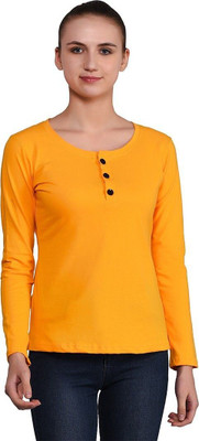 GEUM Solid Women Henley Neck Yellow T-Shirt