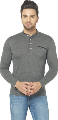 Tresna Trendy Solid Men Mandarin Collar Grey T-Shirt