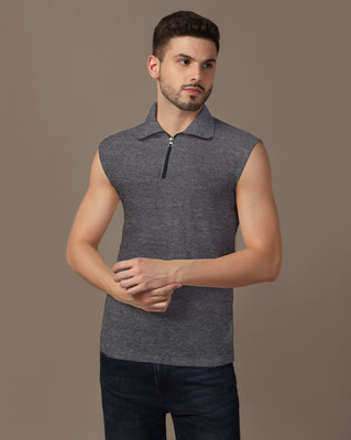 Blisstone Solid Men Polo Neck Grey T-Shirt