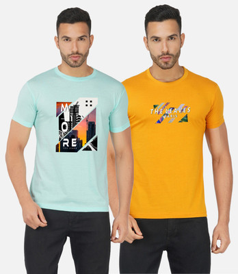 GLOBAL NOMAD Printed Men Round Neck Light Blue, Yellow T-Shirt