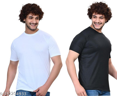 RENU FASHIONS Solid Men Round Neck Black, White T-Shirt