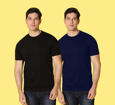 WOOSTRO Solid Men Round Neck Black, Blue T-Shirt