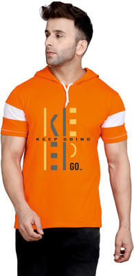SLOWLORIS Printed Men Hooded Neck Orange T-Shirt
