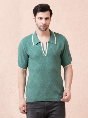 NOQUO Self Design Men V Neck Green T-Shirt