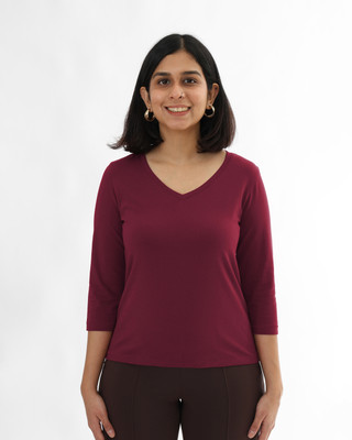 BlissClub Solid Women V Neck Maroon T-Shirt