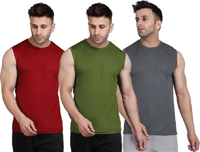 Think Tech Solid Men Round Neck Maroon, Dark Green, Grey T-Shirt
