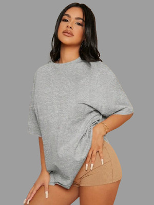 ELBATROSS Solid Women Round Neck Grey T-Shirt