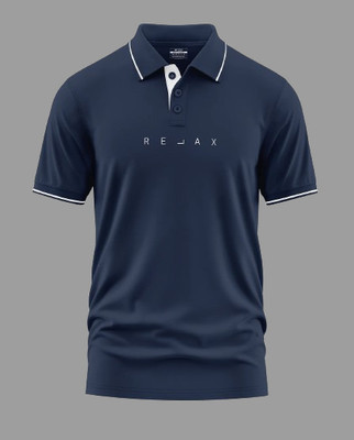 Warriorworld Typography Men Polo Neck Navy Blue T-Shirt