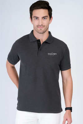 Tailorn Printed Men Polo Neck Grey T-Shirt