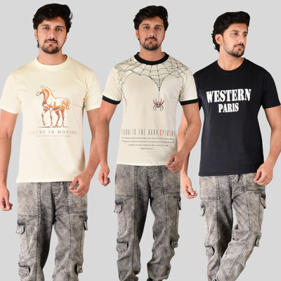 westernparis Printed, Graphic Print, Typography Men Round Neck Beige, Black T-Shirt