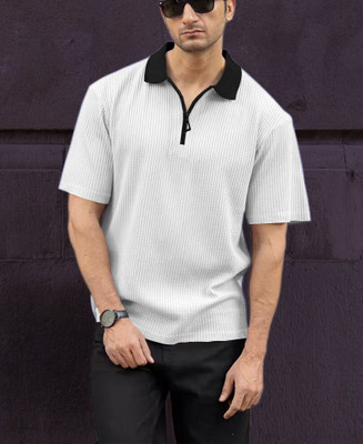 AZIZANFASHION Solid Men Polo Neck White T-Shirt