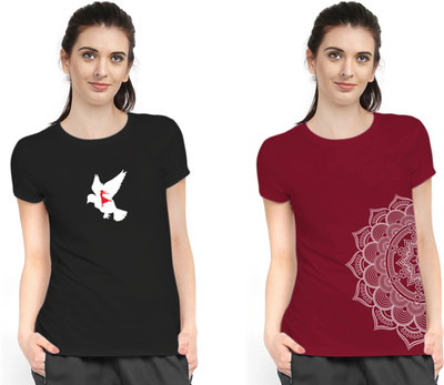 Stylimo Printed Women Round Neck Black, Maroon T-Shirt