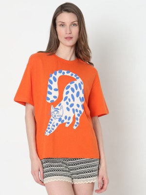 VERO MODA Printed Women Round Neck Orange T-Shirt