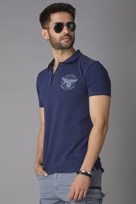 ROOKIES Solid Men Mandarin Collar Dark Blue T-Shirt