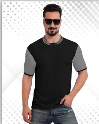 DIAMOND CLUSTER Solid Men Mandarin Collar Black T-Shirt