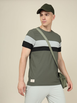 TECHNOSPORT Striped Men Crew Neck Green T-Shirt