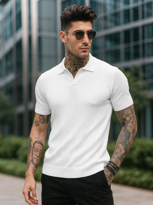 Veirdo Self Design Men Polo Neck White T-Shirt