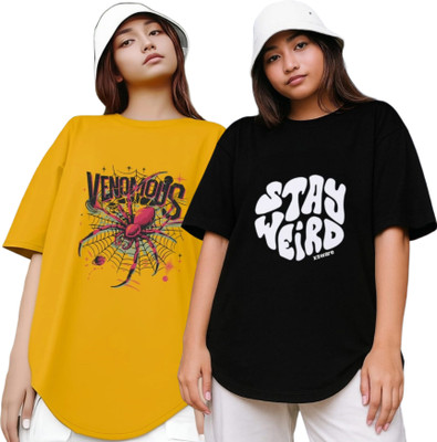 R S Fashion Printed Women Round Neck Yellow, Black T-Shirt