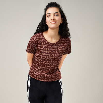 Ajile By Pantaloons Printed Women Round Neck Brown T-Shirt