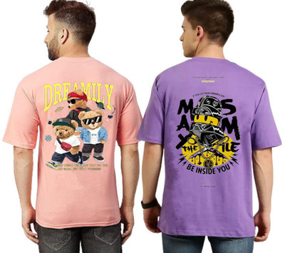 Clothy Trend Printed Men Round Neck Pink, Purple T-Shirt