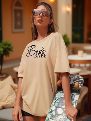 Hivewear Printed Women Round Neck Beige T-Shirt