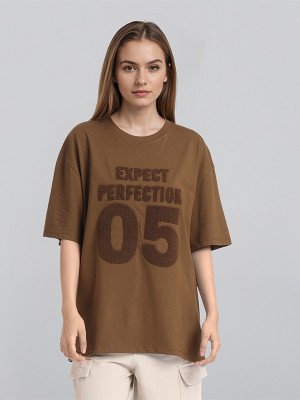 Tokyo Talkies Self Design Women Round Neck Brown T-Shirt