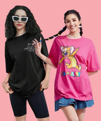 TOM AND JERRY by DreamBe Printed Women Round Neck Black, Pink T-Shirt