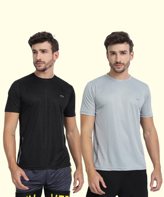 FTX Solid Men Round Neck Silver, Black T-Shirt
