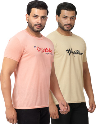 BUFFARO Printed Men Round Neck Pink, Beige T-Shirt
