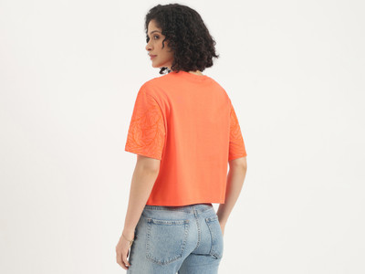 United Colors of Benetton Printed Women Round Neck Orange T-Shirt