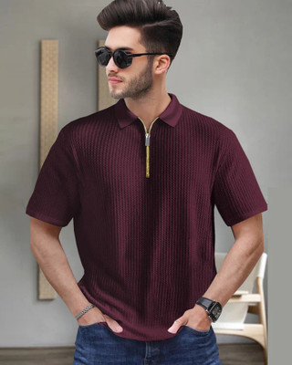 METRONAUT Self Design Men Zip Neck Purple T-Shirt