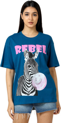 Albatross Typography Women Round Neck Blue T-Shirt