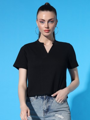 STHULAS Solid Women Round Neck Black T-Shirt