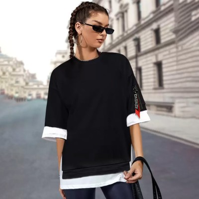 FARBOT Colorblock Women Round Neck Black T-Shirt