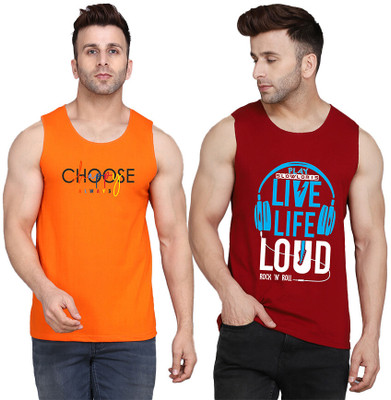 SLOWLORIS Typography Men Round Neck Maroon, Orange T-Shirt