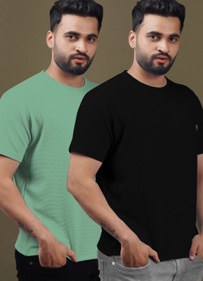 Yazole Solid Men Round Neck Black, Light Green T-Shirt