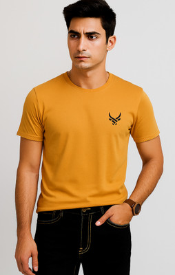 ZAKIRA Solid, Embroidered Men Round Neck Yellow T-Shirt