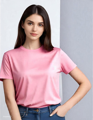 Pwexz Solid Women Round Neck Pink T-Shirt