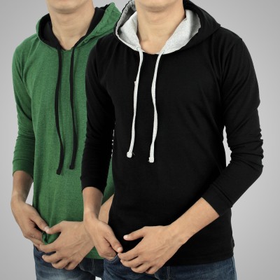 MYO Self Design Men Hooded Neck Black, Green T-Shirt