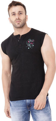 Lawful Casual Printed Men Henley Neck Black T-Shirt