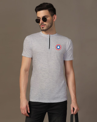 tfurnish Printed Men Mandarin Collar Silver T-Shirt