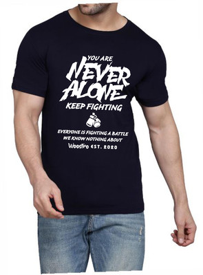 WOOSTRO Printed Men Round Neck Navy Blue T-Shirt