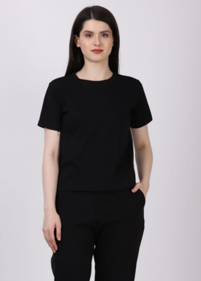 CANIDAE Solid Women Round Neck Black T-Shirt