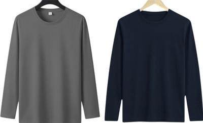 P collection Solid Men Round Neck Grey, Navy Blue T-Shirt